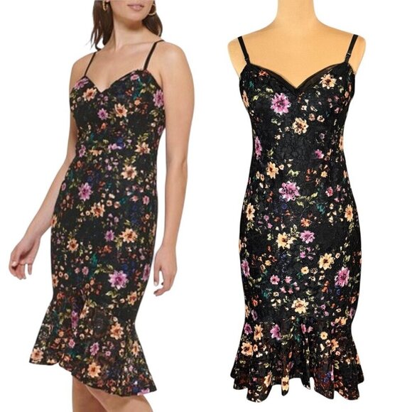 Guess Floral Lace Dress Sz.12 Black Spaghetti Straps Ruffle Fairy Event Party - Picture 1 of 15